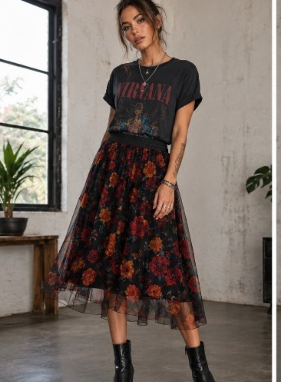 Floral Mesh Tulle Dark Floral Midi Skirt Grunge Edgy Boho Size Medium